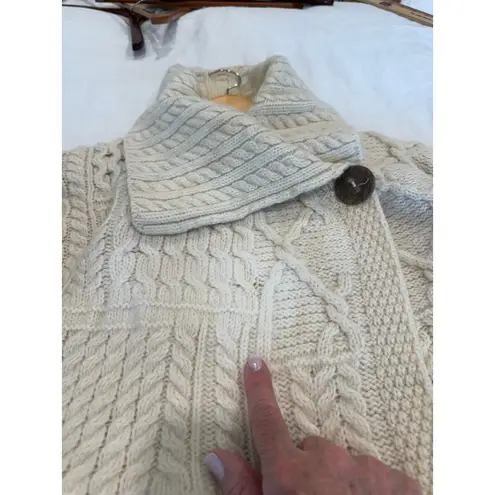 Carraig Donn Patchwork Merino Wool Wide Collar Irish Cardigan Cream Women's Size XL