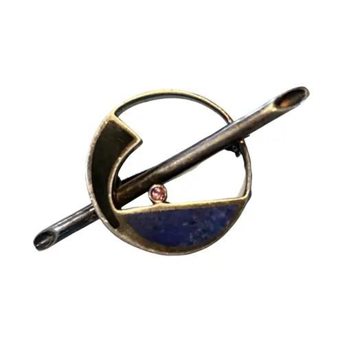 Vintage Abstract Geometric Ruby Blue Lapis Onyx Sterling Silver Brooch