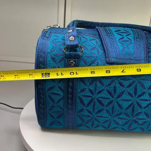 Blue Banda Barrel Bag With Intricate Embroidery & Detachable Charm