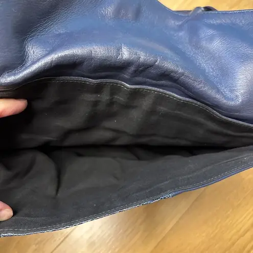 Balenciaga Ostrich Leg Navy Perforated Leather Shoulder Dual Bag Gold Buttons