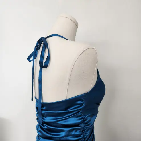 Jessica McClintock Y2K Teal Satin Halter Ruffle Drop Waist Mini Homecoming Dress