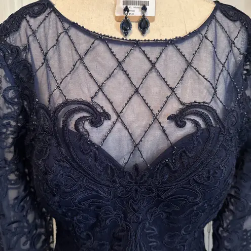 Women's Blue Dress With See Through Top Area Beaded Zip Up With Button Accent Size 10