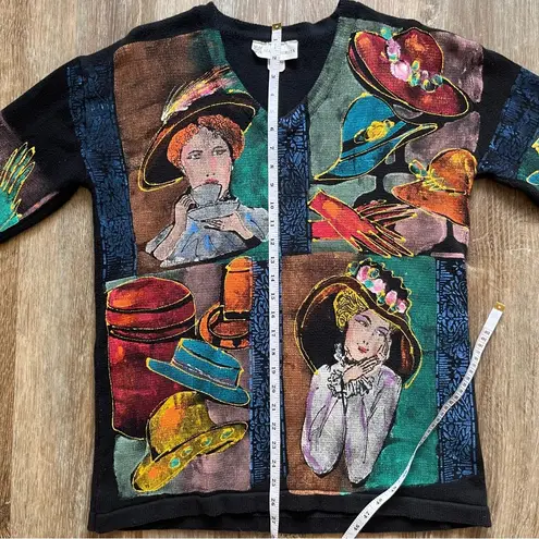 MARGUERITA Tea Time Vintage Theme Ladies Hats Gloves Black Sweater Painted Art Size M