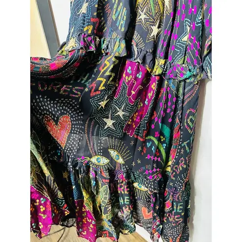 Farm Rio Black Amazonia High Neck Jungle Theme Ruffle Tiers Maxi Dress Size XS