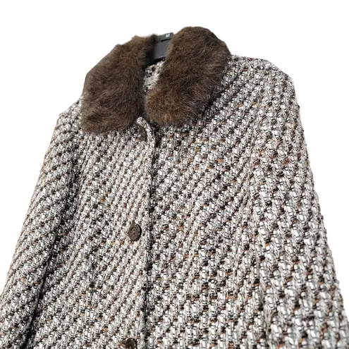 Nine West  Vintage Wool Blend Tweed Button Down Coat Faux Fur Size Small