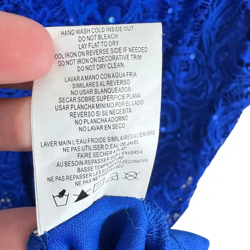 Marina Cobalt Blue Nylon Lace Sequin Cap Sleeve Lined Midi Sheath Dress Size 6