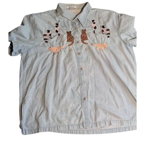 Passion 3X Embroidered Cat Denim Shirt Blue