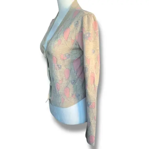 JILL Pastel Oatmeal Light Pink Parrot Animal Print Knit Cropped Cardigan Sweater Tan