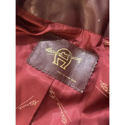Etienne Aigner Vintage Women 16 Large Dark Red Leather Blazer Jacket Trench Coat