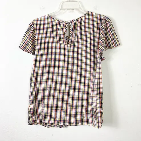 st. john's bay St. John’s Bay White Multicolor Plaid Short Sleeve Peasant Blouse Top Size M