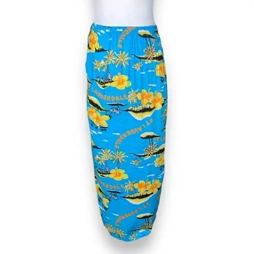 Vintage Island Planet Wrap Skirt Column Blue Yellow Tropical Palm Floral Detail Size M