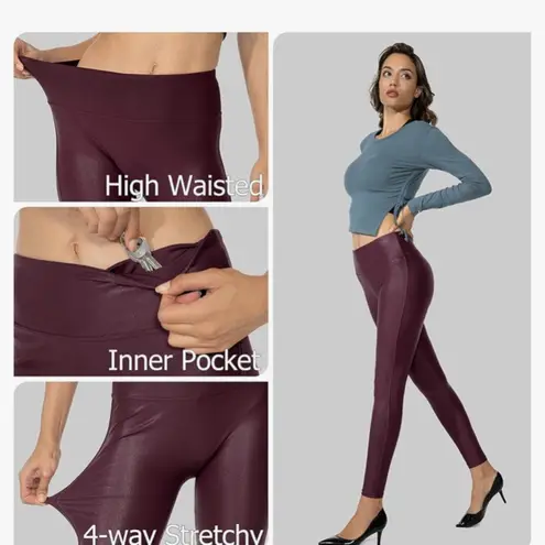 SANTINY Faux Leather Leggings Pants Stretch High Waisted Tights for Women Purple Size M