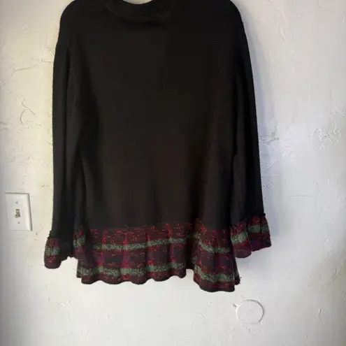 Z Cardigan Black Knit Sweater Ruffle Hem Unique Button Detail XL Boho Cottage