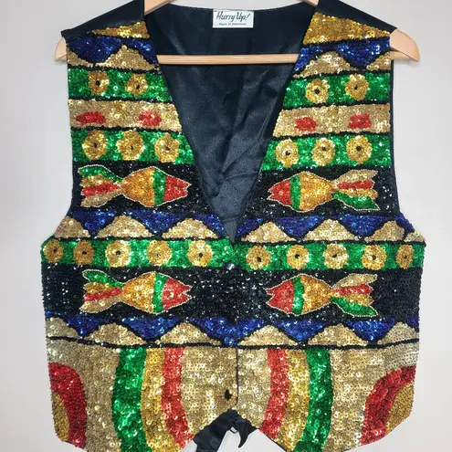 Vintage Multicolor Fish Scene Sequin Fashion Vest Green Size undefined