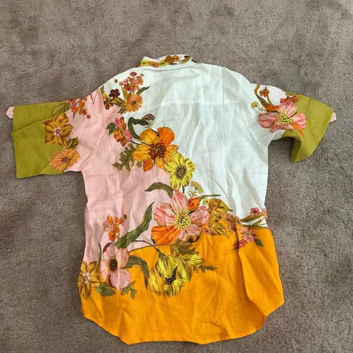 NWOT Alemais Linen Silas Button Down Oversized Shirt in Multi Floral Orange Size 2