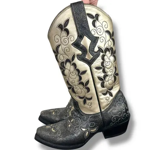 J.B. Dillon Calf Pointed Toe Black Gold Cowhide Leather Western Cowboy Boots 7.5