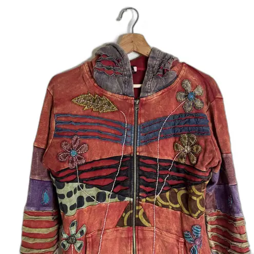 Rising International Jacket Womens Large Red Boho Floral Patchwork Zip Hoodie
