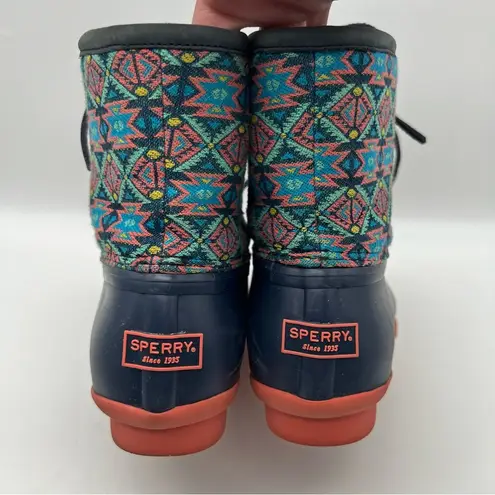 Sperry Saltwater Textile Navy Coral Aztec Print Snow Rain Duck Boots Women’s 8