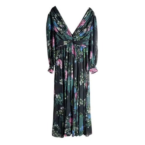 Badgley Mischka Black Floral Print Long Sleeve V-Neck Pleated Chiffon Gown 12