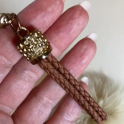 Puff Ball Crystal Accent Keychain Purse Charm Leather Strap Brown