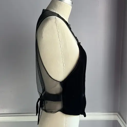 Vintage black velvet V neck whimsygoth button front vest lace trim and netting