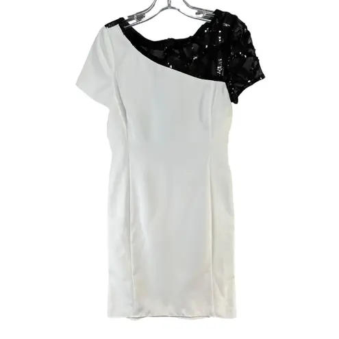 Angel Sanchez Sheath Dress 6 White Black Sequined Sheer Minimalist Renaissance