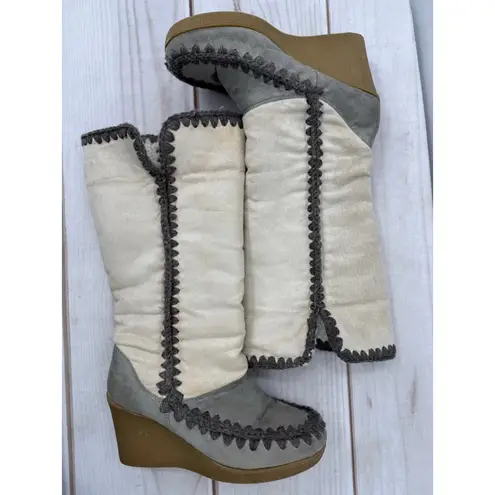 Vintage Y2K 90s American Eagle Wedge Heel Faux Suede Boots Crochet Midcalf Boho Gray Size 6.5