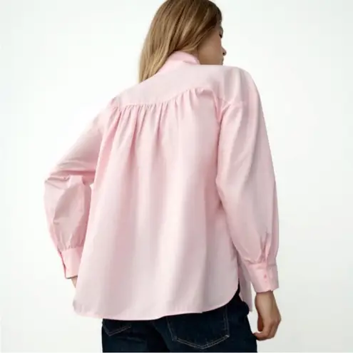 ZARA Pink Poplin Neck Tie Long Sleeve Blouse Small