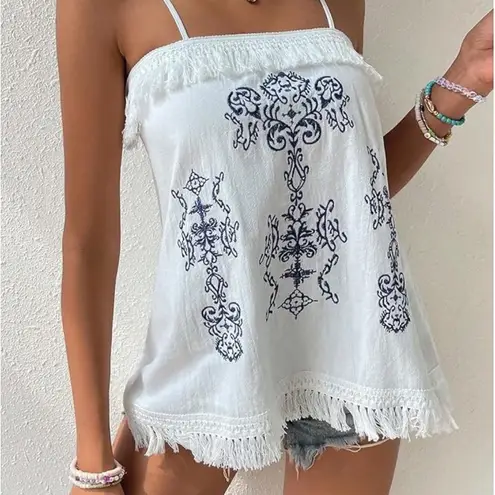 Women's Boho Fringe Cami Tank Top White Size M