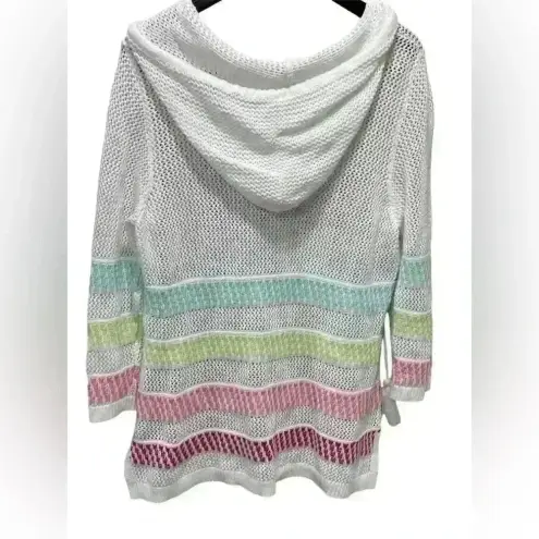 Christopher & Banks White Striped Open Knit Hooded Beach Sweater Size Large