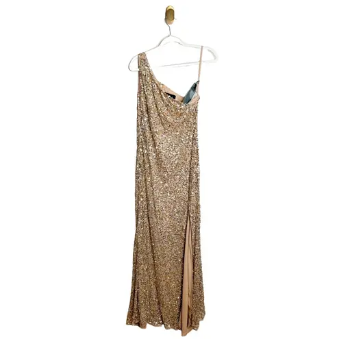 Mac Duggal NWT 10729M One Shoulder Sequin Dress Nude Gold Silver Maxi US 10