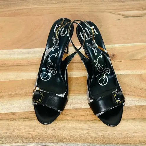 Tibi Black Print Silk Slingback Heels Sandals Shoes Size 6.5