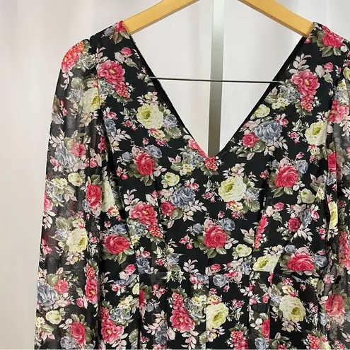 B_Envied Large Rose Floral V Neck Sheer Sleeve Mini Skirt Formal Pleat Flowy