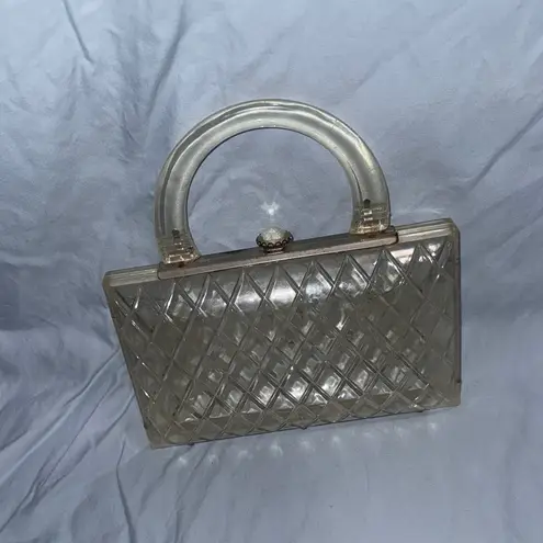 Vintage Clear Lucite with Rhinestones Convertible Clutch Purse Silver