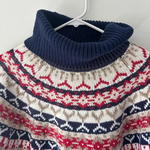 Lands’ End Ski Fair Isle Turtle Neck Sweater Wool Alpaca Cabin Fisherman Holiday Blue Size L