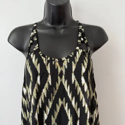 Tiare Hawaii Black Gold Tribal Diamond Print Maxi Dress Halter Neck Size S