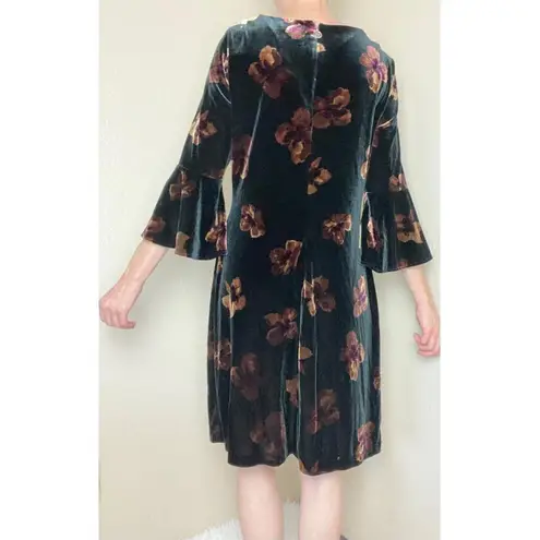 Tommy Hilfiger Black & Brown Floral Velvet Flare Sleeve Mini Dress