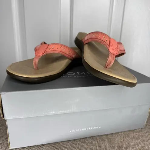 Vionic Cassandra Coral Pink and Tan Sandals Thong Leather size 6 comfortable