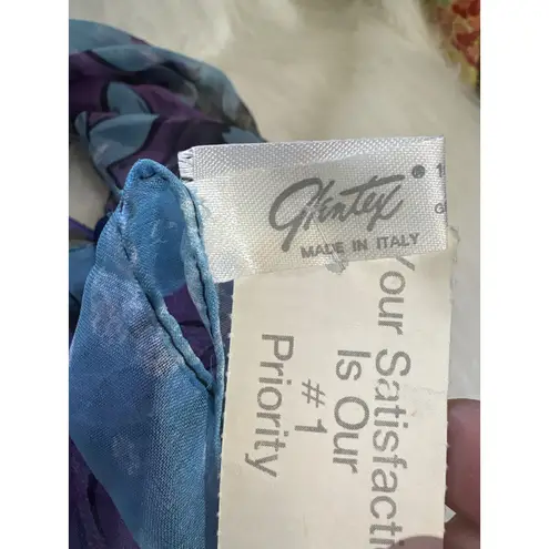 Elegant Italian Made Floral Print Sheer Polyester Scarf Purple Blue