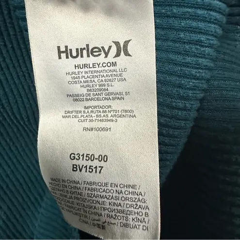 Hurley  Cropped Ribbed Turquoise Long Sleeve Hooded Shirt Kangaroo Pocket Medium