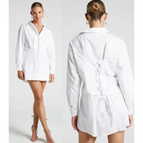 Showpo NWT . Rachana Lace Up Back Longline Shirt Dress White Women's Size US 2