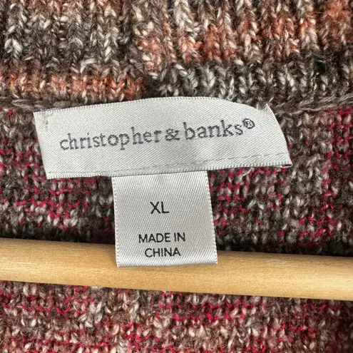 Christopher & Banks Red Brown Tan Patterned Open Front Cardigan Sweater Womens XL Grandpa Cozy