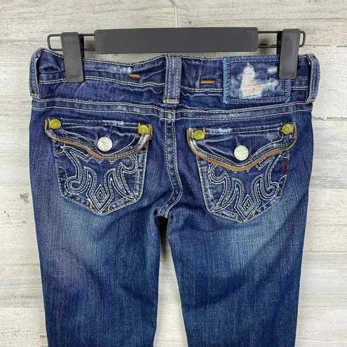 MEK Boulder Lowrise Bootcut Jeans sz 25 32 Button Flap Pockets Distressed Grunge Blue