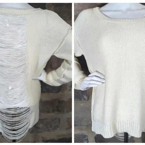 Fifty Street Sweater Woman's Size Small Cream Exposed Back Distressed Coastal