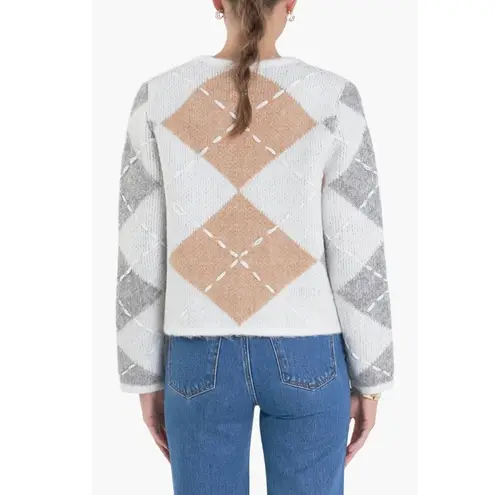 English Factory Argyle Crop Cardigan White Gray Tan Size 1X NWOT Preppy Classic