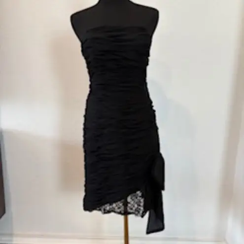 Victor Costa Prom Party Strapless Ruched Dress Bow Lace Black Cocktail Vintage
