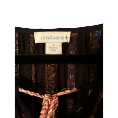 Sundance Sheer black all over embroidered blouse with tassle tie S Bohemian Boho