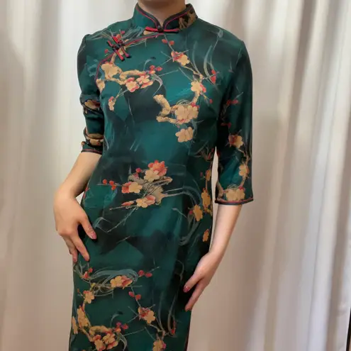 Green Chinese Satin Cheongsam Qi Pao Mandarin Collar Maxi Dress Size Large