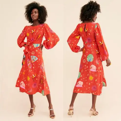 Farm Rio Lotus Star Front Twisted Midi Red Dress sz S