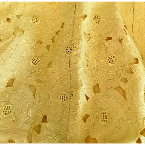 Lafayette 148 New York Yellow Linen Lace Overlay A-line Full Midi Skirt Size 12